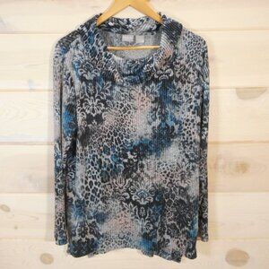 Chico's Zenergy size 1 Women's 8-10 M Cowl Neck Sweater Floral Leopard Blue Gray